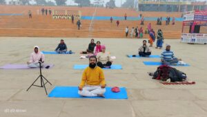 Group Yoga performed by the Yoginis and Yogis during MahaKumbh 2025 at the Arail Ghat.